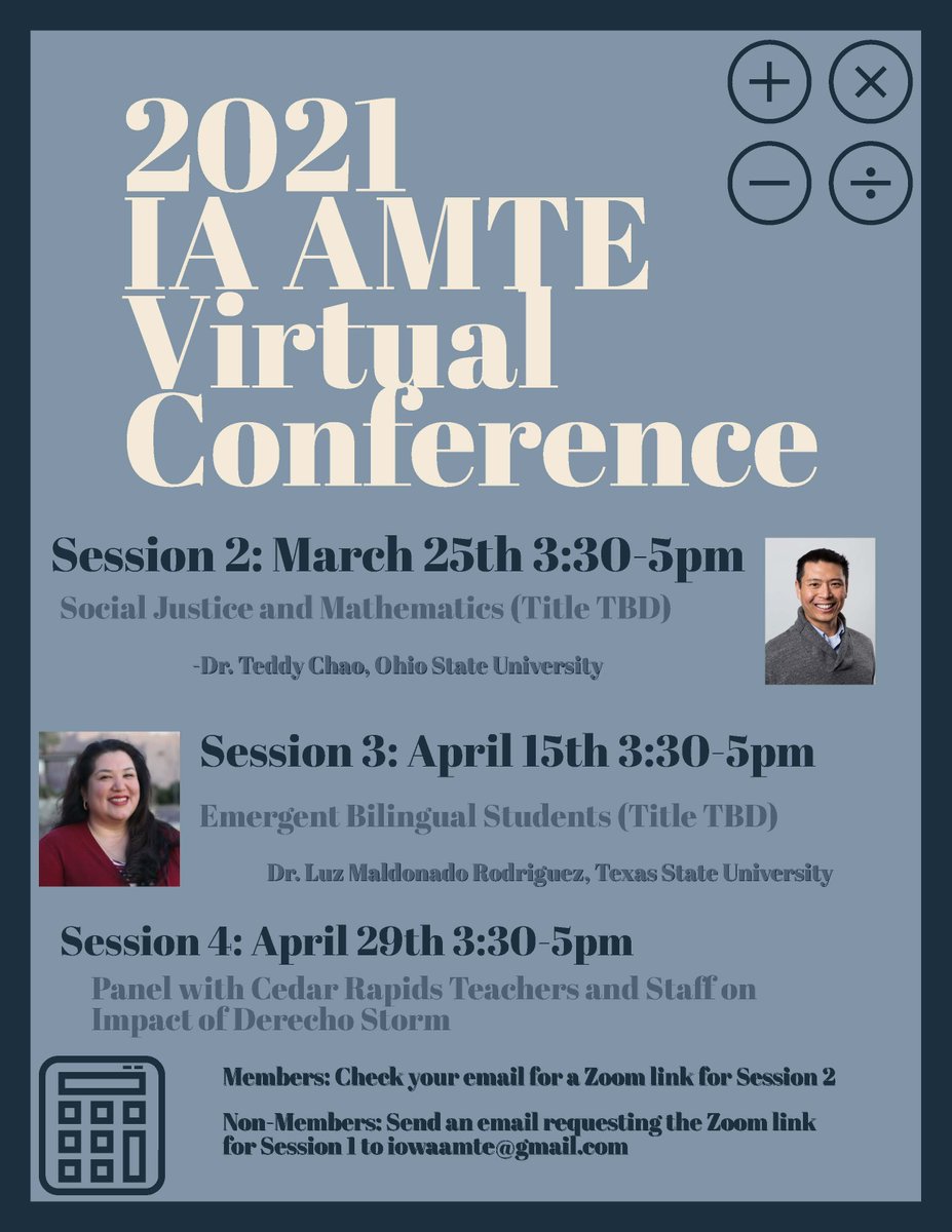 Iowa_AMTE's tweet photo. This is a reminder that the second session in the Iowa AMTE Virtual Conference will be held on Zoom on Thursday, March 25th from 3:30-5pm with Dr. Teddy Chao from Ohio State University discussing social justice and mathematics. Email: iowaamte@gmail.com for the link. https://t.co/W6a5oYBkU1