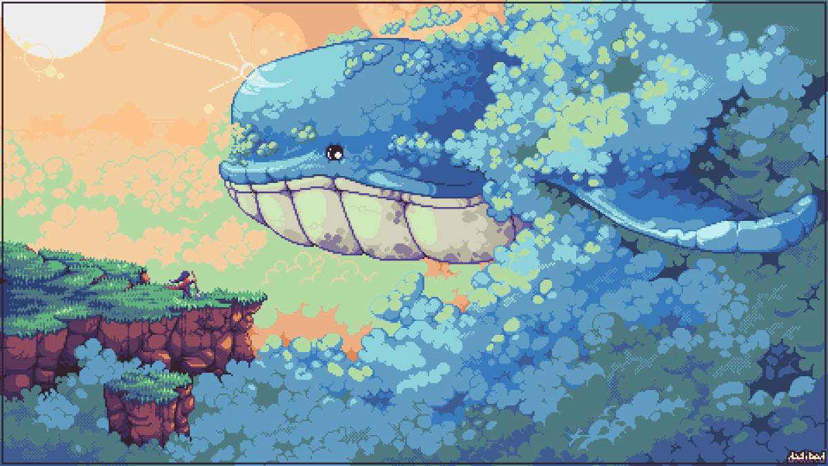 D44W33D's tweet photo. here is my last illustration that I made over the days when I felt capable of pixelating in addition to the factory days. I just finished it and I'm proud of it.

whale.png - 480x270px

#aseprite #pixelart #ドット絵 #comfort44s (palette) #whale #sky #clouds #landscape https://t.co/itEnil3qrO