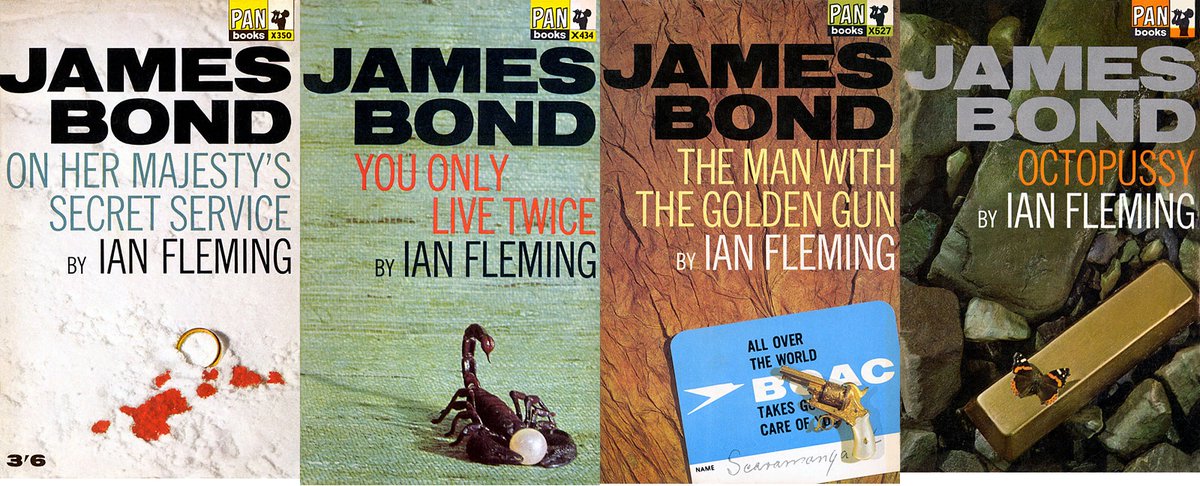 Retro_George's tweet photo. #JamesBond31DayChallenge Day 24: favourite #JamesBond artwork(s). So, of course, I could choose one or more of the many fabulous Bond film posters, but if I'm being truly honest, it really is these gorgeous beauties...
#PanPaperbacks #1960s #BookCovers #BeautifulDesign https://t.co/mUJB5DWlcT