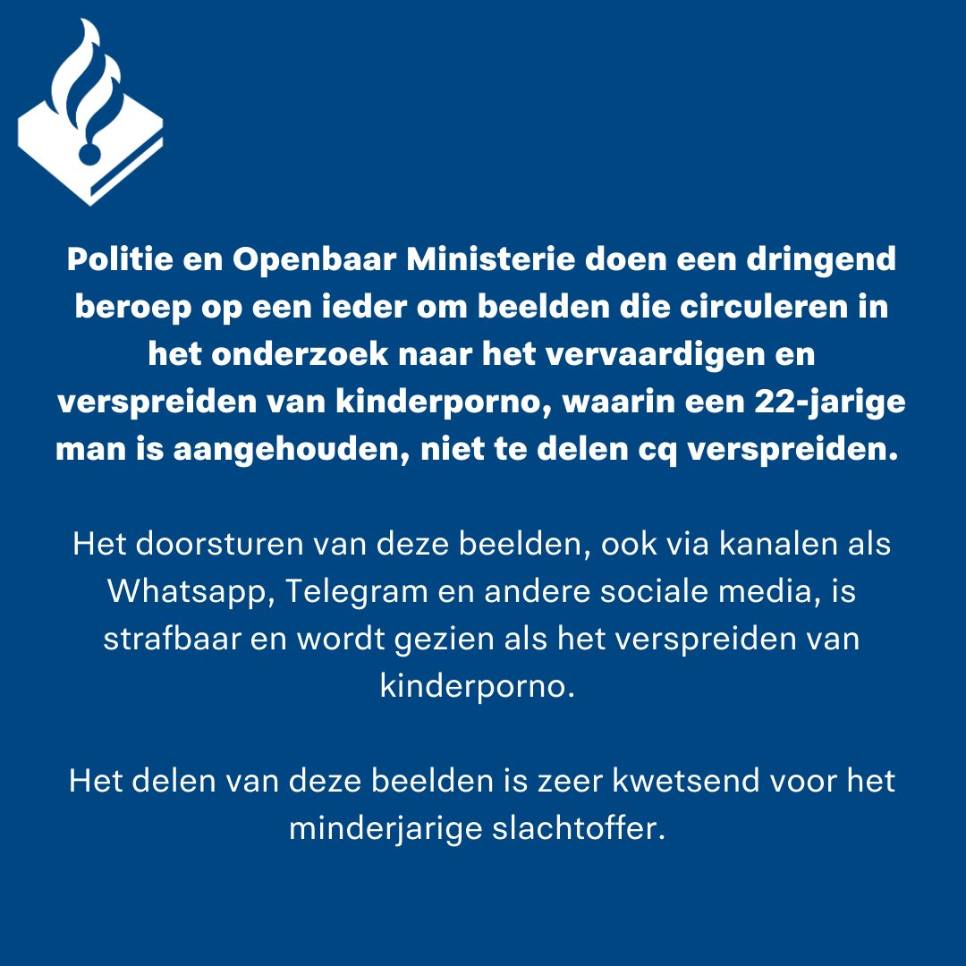Politie en Openbaar Ministerie benadrukken dat het doorsturen of delen van kinderpornografisch materiaal strafbaar is. Mensen die deze beelden verspreiden kunnen strafrechtelijk worden vervolgd. Het delen van deze beelden is zeer kwetsend voor het minderjarige slachtoffer.