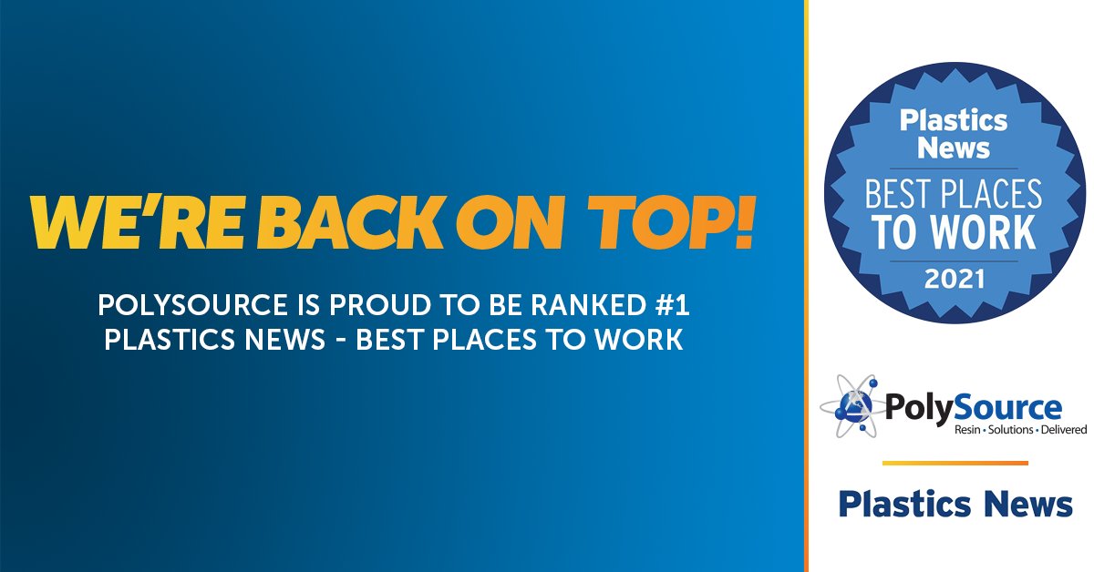 PolySourceNews's tweet photo. We are thrilled to announce that for the third time since 2017, PolySource has been ranked No. 1 in @plasticsnews Best Places to Work rankings in the plastic processors category!

Learn more: https://t.co/ZFgzBPpZY0 https://t.co/c4OzUky4Zz