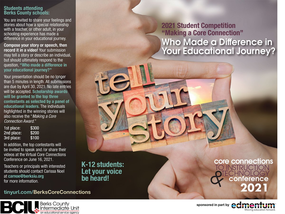 📢Student Contest Alert📢

The Berks County Intermediate Unit's Office of Professional Development and Curriculum invites #BerksCounty K-12 students to participate in the Making a Core Connection contest. 

Click here for full details: sites.google.com/a/berksiu.org/…
