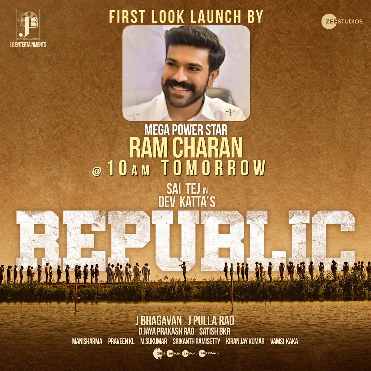 GuruSaran0018's tweet image. MegaPower Star @AlwaysRamCharan garu will launch the first look of #REPUBLIC tomorrow at 10AM

#RepublicFirstLook
@IamSaiDharamTej @devakatta @aishu_dil @IamJagguBhai @meramyakrishnan #ManiSharma @mynnasukumar @bkrsatish @Cinemainmygenes @JBEnt_Offl @ZeeStudios_ @JBhagavan1