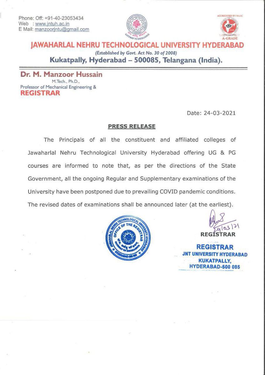 jntuwing's tweet photo. JNTUH: All the ongoing examinations are postponed. The revised dates shall be announced later. https://t.co/kn4BRv0Z82