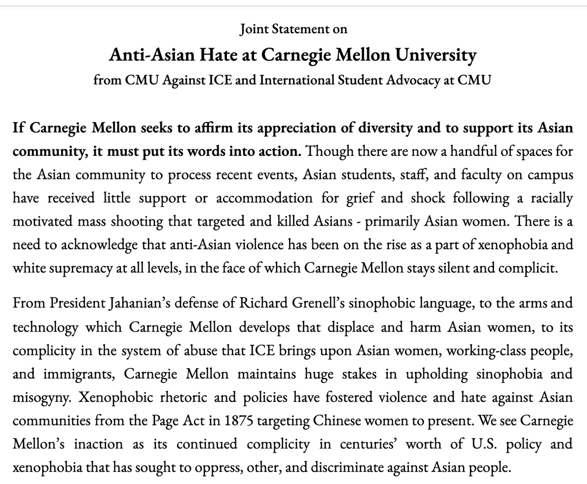 cmuwontbuildit's tweet photo. . @CarnegieMellon, what are you doing differently now? When will you have finally had enough? Read our statement on anti-Asian hate at CMU with @cmuisa. 
📢 CAMPUS 📢 voice what needs to change at CMU here: https://t.co/4Ax76AFTbr https://t.co/ujZmSFRA1s