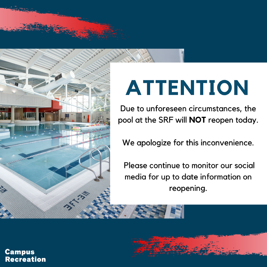 UICRecWell's tweet photo. Due to unforeseen circumstances with pool equipment installation, we are not able to reopen the pool today at the SRF as originally planned 😔 We apologize for this inconvenience. https://t.co/cfoPCYyC6K