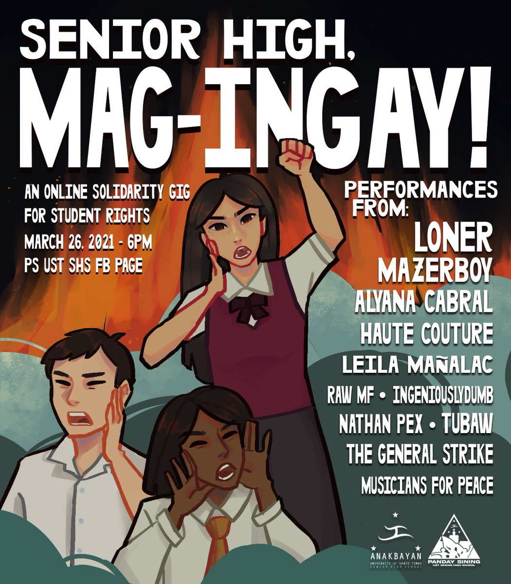 PS_USTSHS's tweet photo. Turn up the volume and amplify the calls of students in โSENIOR HIGH, MAG-INGAY!: An Online Solidarity Gig for Student Rightsโ! ๐๐ฅ
March 26 (Friday) - 6PM
PS UST SHS FB Page
#USTSHSFightBack
#CompassionNotRepression https://t.co/KudT2nZOPd