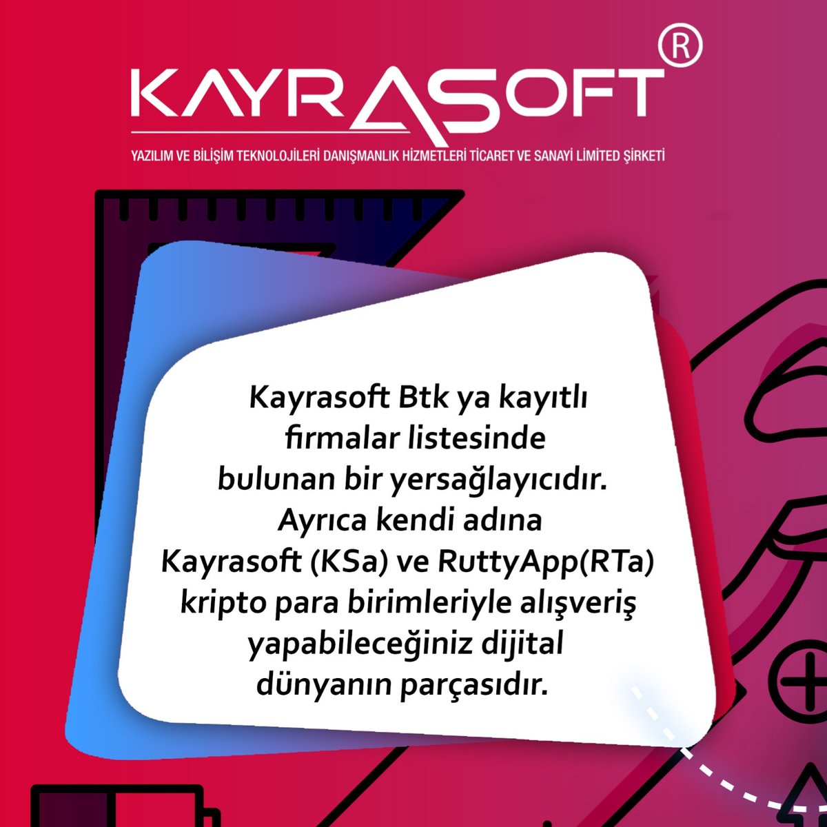 kayrasoft's tweet photo. Kayrasoft (KSa) ve RuttyApp (RTa)  geliyor! 🌟15 Nisandan itibaren dijital paralarımızla hizmetinizdeyiz! 💃🕺
Daha fazlası için https://t.co/GCqaCmaLKn yi ziyaret edebilirsiniz!
#rtacoin #ksacoin #bitcoin #digitalmoney #kriptopara
 #kripto #webtasarım #webdesign #coin https://t.co/wma6CxdcHy