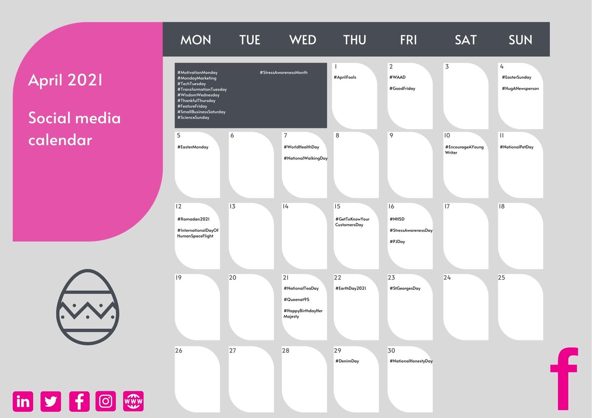 Egg-cel your #socialmedia this April with our calendar featuring hashtag and awareness days to help you plan, create content and engage on your #social platforms. Get it here (no sign up needed!) 👇

bit.ly/3tKuaJM