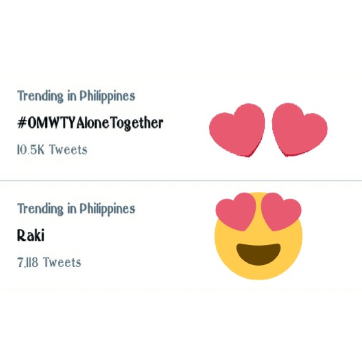 Sparkle_GMA's tweet photo. LOOK: #OMWTYAloneTogether and Raki were a part of tonight’s Trending Topics on Twitter in the Philippines ✨ Mga Kapuso, thank you for watching tonight’s episode of #ICanSeeYou2: #ICSYOnMyWayToYou ❤️ Bukas ulit! https://t.co/LUdLtlmI9u