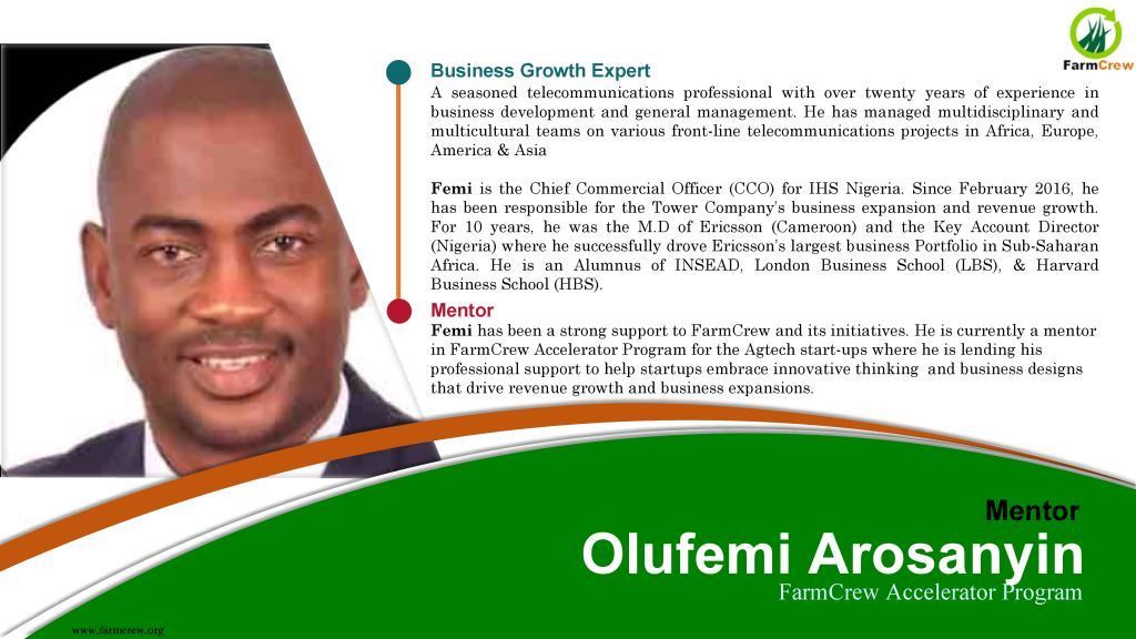 farm_crew's tweet photo. Meet one of our great #Mentors Olufemi Arosanyin @OlufemiArosh 
  #AcceleratorProgram! https://t.co/gRHEO5Pkl3 admin@farmcrew.org https://t.co/16au9vteBQ Twitter: @farm_crew
  @xy_analytics @ThulaniNyanden3 
 @bishopdotun @raoom 
 @agromileNg
 @OluAkanmu @iynna_halilou https://t.co/uzDmemEIeN