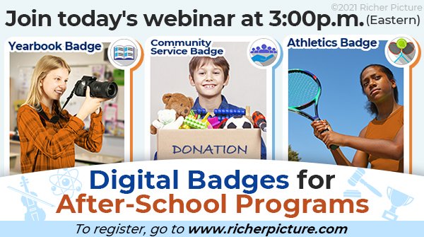 Richer_Picture's tweet photo. Digital Badges can be the bridge between after-school/summer sessions and the classroom. Join today's conversation (Wednesday) at 3p.m.
To sign up:  https://t.co/xVkj0H7eJf
#learningloss #ExtraCurricular #AfterSchool #summerschool  #digitalbadges https://t.co/aZP9gsA4ox