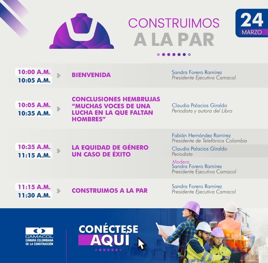 SandraForeroR1's tweet photo. En @CamacolColombia estamos trabajando en el cierre de brechas de género en el sector y en el país. Nos vemos hoy a las 10:00 am,  en  el lanzamiento de nuestro programa de equidad de género #ConstruimosALaPar. Con @claudiapalacios  y  @FabianHdezR  @Telefonica_Col https://t.co/21Xfo5jaZK