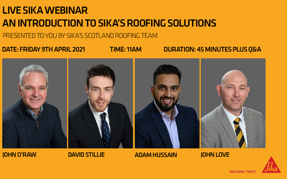 SikaLimited's tweet photo. Sika's Scotland roofing team are presenting a live webinar on all of our roofing solutions and services we provide to support you with each and every project. Register for it today: https://t.co/3b1N0tpFI3   #Roofing #NewBuild #Refurbishment #Singleply #LiquidRoofing #Bitumen https://t.co/bFdb1Vd7tZ