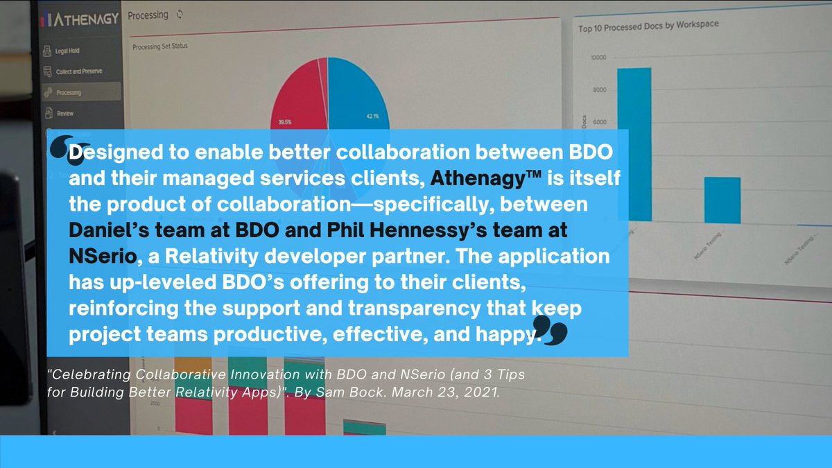 DanielGoldEsq's tweet photo. @RelativityHQ's Sam Bock lays out the phenomenal collaboration between @NSerioCorp Relativity &amp; @BDO_USA in creating #Athenagy™, a first-of-its-kind, innovative solution for #ediscoverymanagedservices. 
https://t.co/kla8fsFghO

#ediscovery #managedservices #lawyers #bdoproud https://t.co/MnCHpSWJfh