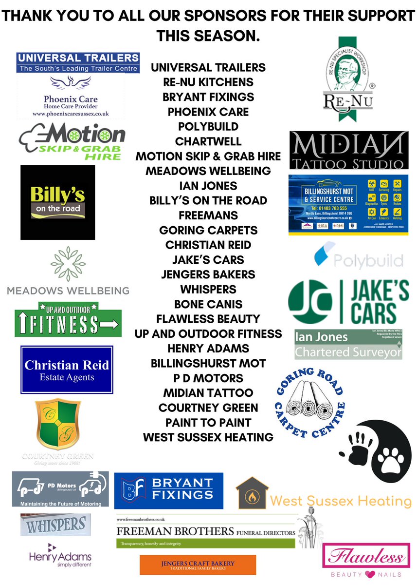 Billingshurstfc's tweet photo. As we hopefully start football again, @Billingshurstfc would like to thank all of our sponsors for their continued help.  

For all of our followers, please support our sponsors if you can in these challenging times as they open their doors again. https://t.co/c8DU5j4S2r