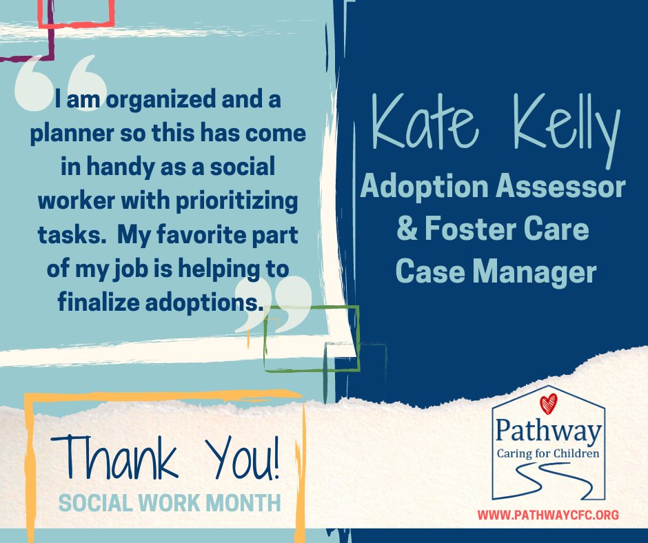 Kate becomes a trusted support system for families going through the foster-to-adopt process. She build relationships and often keeps in contact after finalizing adoptions. #SocialWorkMonth #PathwayCFC