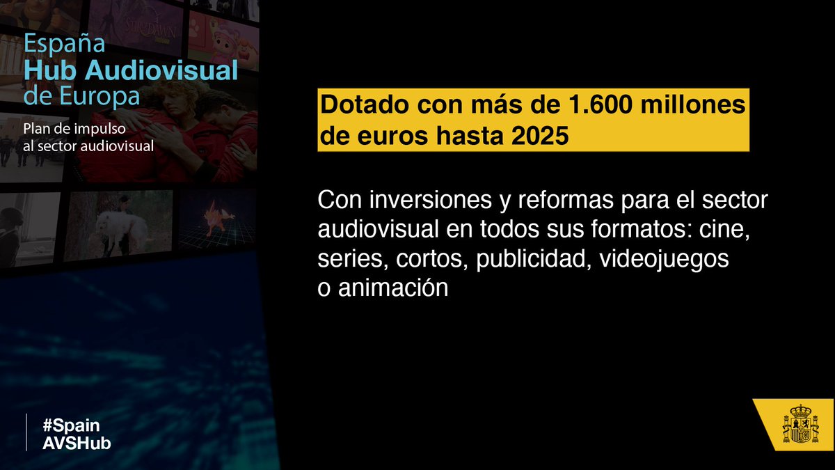 _minecogob's tweet photo. Se presenta el Plan España, Hub audiovisual de 🇪🇺 #SpainAVSHub

🎞1.600M€ de inversión pública hasta 2025
🎞Impulso producción audiovisual de🇪🇸
🎞Refuerzo empresas del sector: #digitalización, apoyo talento y cierre brechas de género

📎https://t.co/WyyFLCBKgA
#EspañaDigital2025 https://t.co/jCffUSai9o