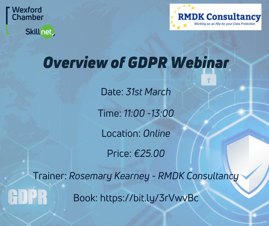 Only 4 places remaining on the 'Overview of GDPR' Webinar 31st March 11am till 1pm. Book your place here -> bit.ly/3rVwvBc @CoWexChamber