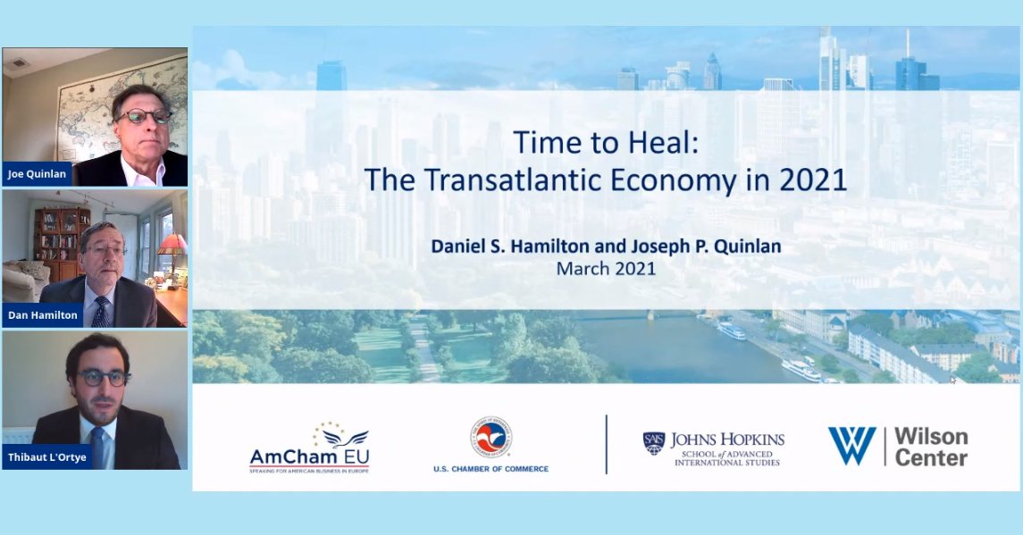 AmChamEU's tweet photo. Welcoming the authors of the Transatlantic Economy Report 2021, @DanSHamilton and Joseph Quinlan! They're presenting the most up-to-date facts and figures on the 🇪🇺🇺🇸 relationship - read more here ➡ https://t.co/5lQxghfqCj https://t.co/HlaEKsCQua