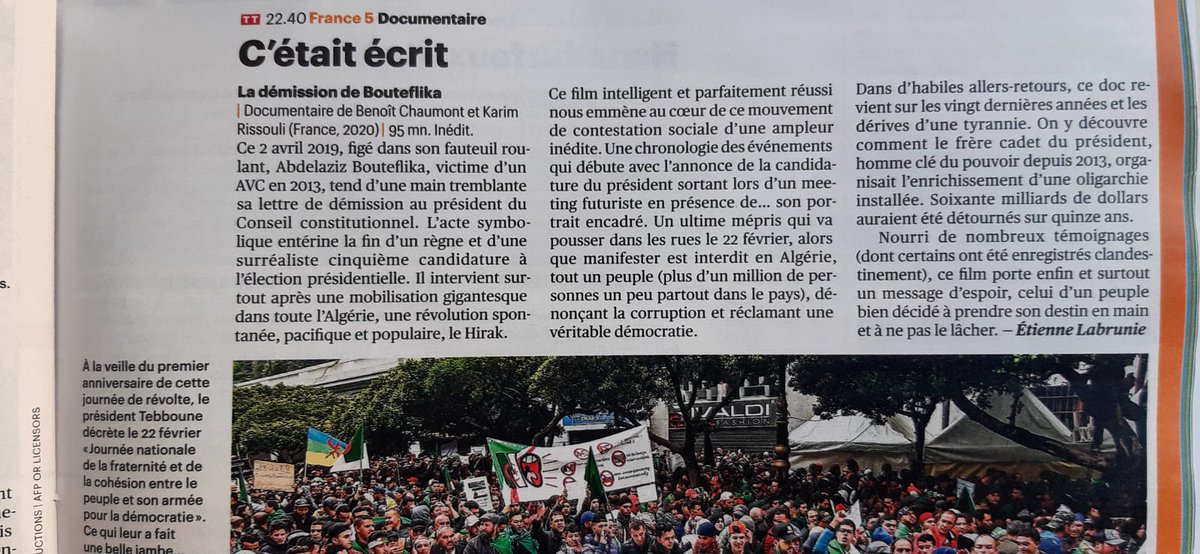 « Un film intelligent et parfaitement réussi. » selon Télérama. ☺️ Mon prochain documentaire sur la démission de Bouteflika. Dimanche 28 mars à 22h30 @France5tv monté par @kolani80 produit par <a href="/alexandre_amiel/">alexandre amiel</a>