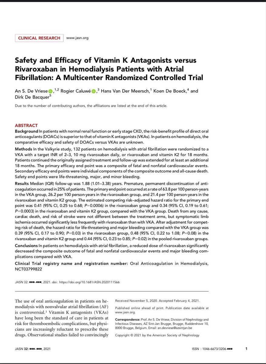 HecmagsMD's tweet photo. Safety and Efficacy of Vitamin K Antagonists versus Rivaroxaban in Hemodialysis Patients with Atrial Fibrillation: A Multicenter Randomized Controlled Trial @JASN_News https://t.co/OJJl54Pxmi