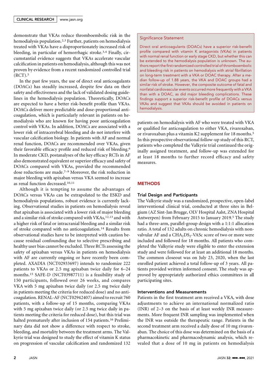 HecmagsMD's tweet photo. Safety and Efficacy of Vitamin K Antagonists versus Rivaroxaban in Hemodialysis Patients with Atrial Fibrillation: A Multicenter Randomized Controlled Trial @JASN_News https://t.co/OJJl54Pxmi