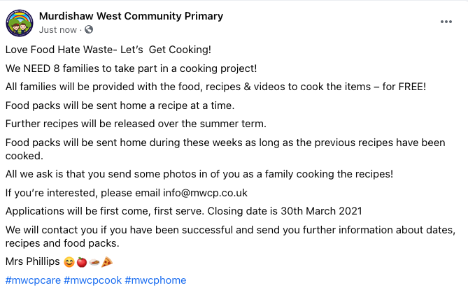 murdishawwest's tweet photo. Love Food Hate Waste- Let’s Get Cooking!
We NEED 8 families to take part in a cooking project!
All families will be provided with the food, recipes & videos to cook the items – for FREE!
😊🍎🍛🍕
#mwcpcare #mwcpcook #mwcphome https://t.co/xCStGAzqLV