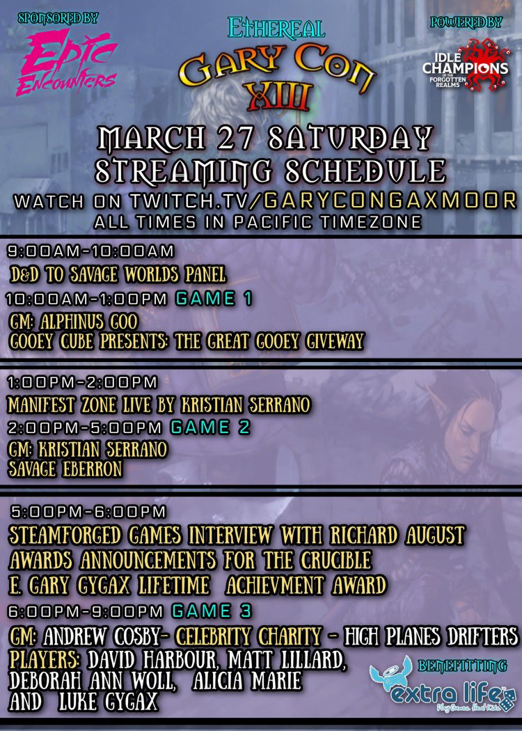 Gary Con starts tomorrow- Thursday March 25th and we will be streaming new content all four day on Twitch.TV/GaryConGaxmoor.  See Saturday schedule below for a sample of what to expect. #garycon #gygax #dnd #streaming #tabletopgaming #EXTRALIFE