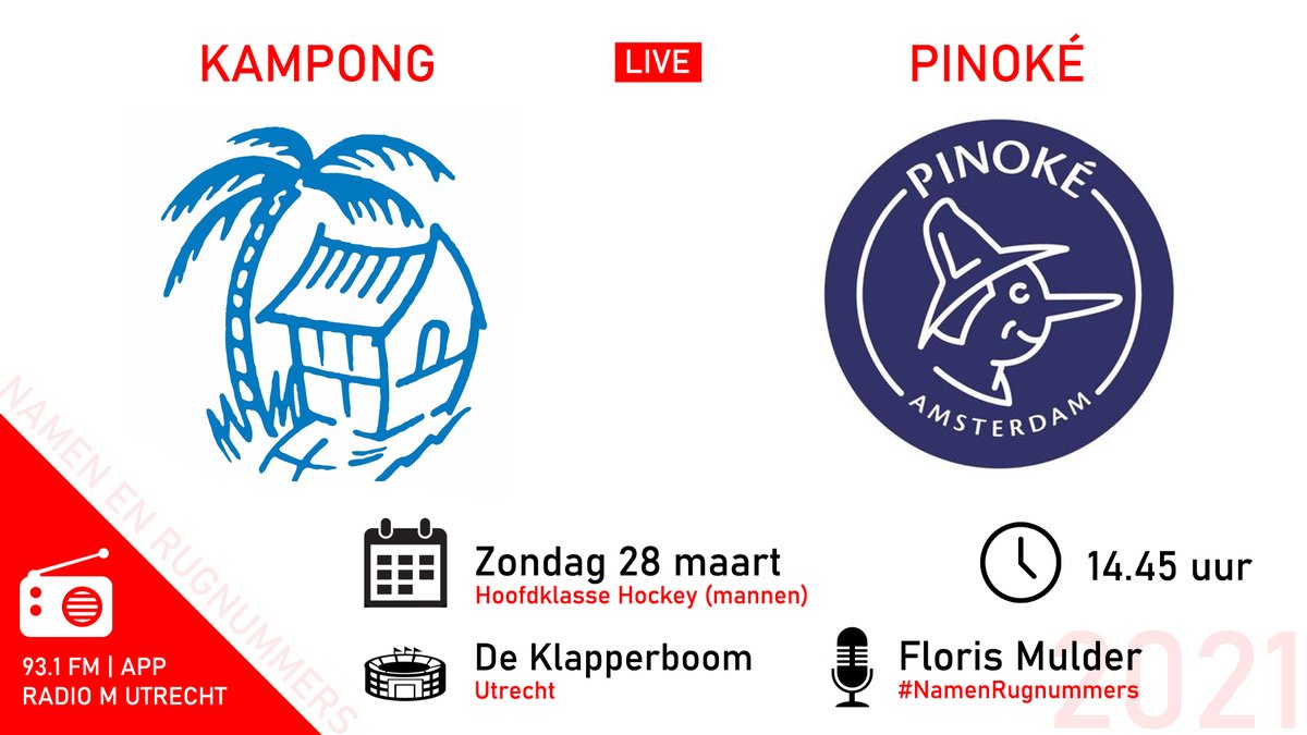 RTVUtrechtSport's tweet photo. LIVE | De hockeyers van Kampong spelen in de Hoofdklasse thuis tegen Pinoké. Het belooft spektakel!
Onze @florism is er natuurlijk bij op de Klapperboom om 14.45 uur.
📻 Live op Radio M (93.1 FM)
#️⃣ #NamenRugnummers
#️⃣ #KamPin #hockey @KampongHockey @Hockey_Pinoke https://t.co/zMBrYuURqL