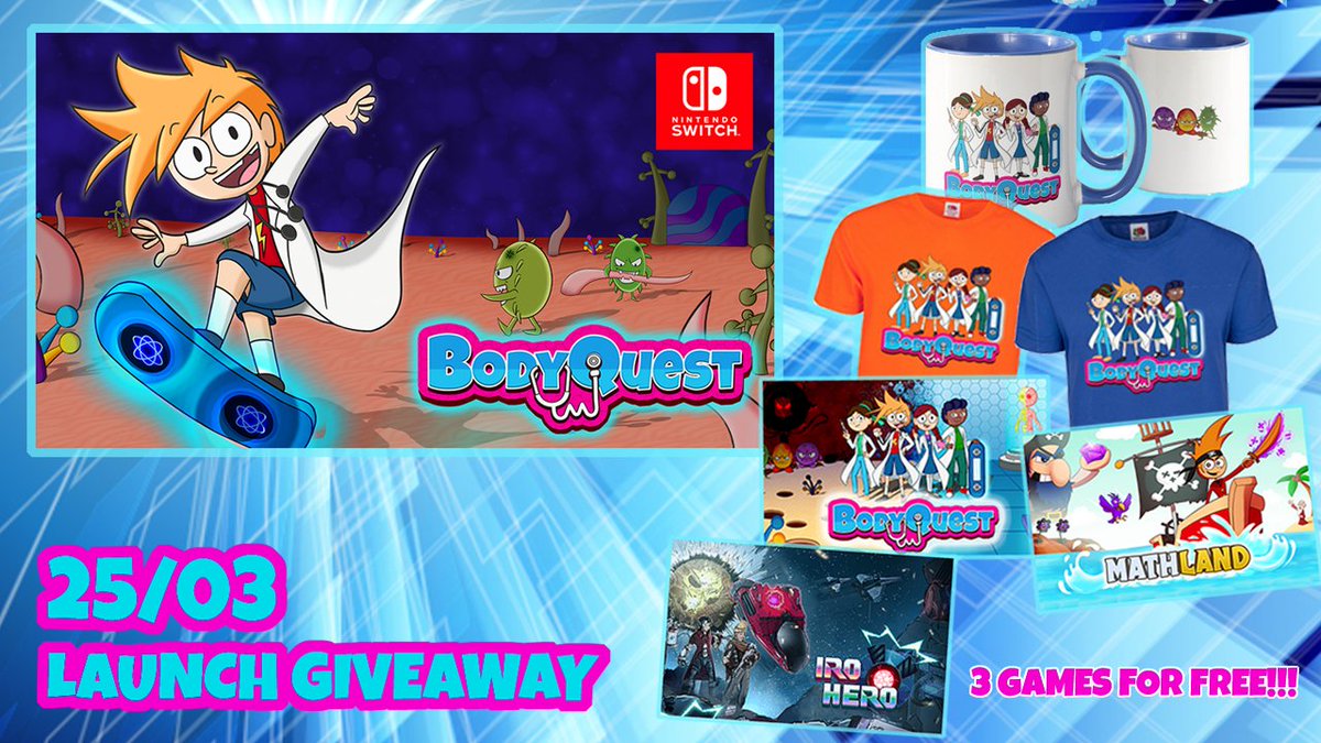 Artax_Games's tweet photo. This 25/03 is special for us! We're launching @didactoons BodyQuest on #NintendoSwitch. It is our 3rd title on the platform, so we wanna celebrate in style giving away a bundle including 3 games. For a chance to win:
1. Follow @Artax_Games 
2. RT
Winner announced 25/03 23:59 CET https://t.co/pXcNPiJdXJ
