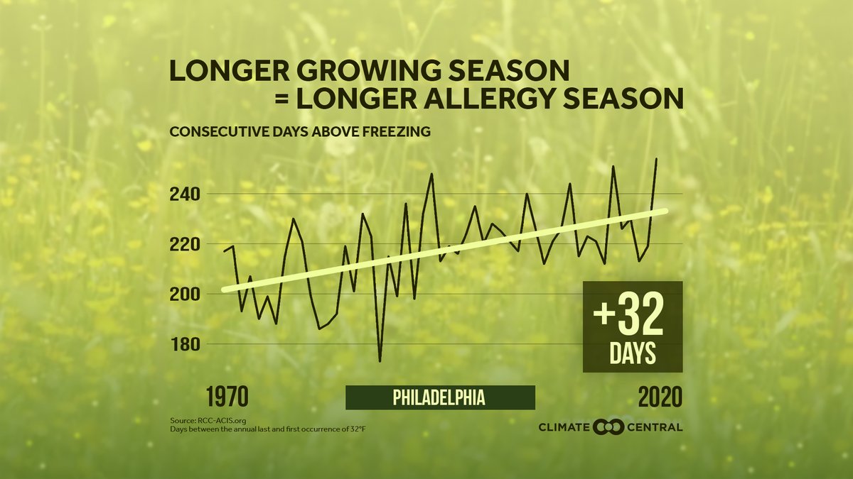 New #climatechange data from our friends at <a href="/ClimateCentral/">Climate Central</a>: over the last 50 yrs, PHL's growing season has increased by more than a month...