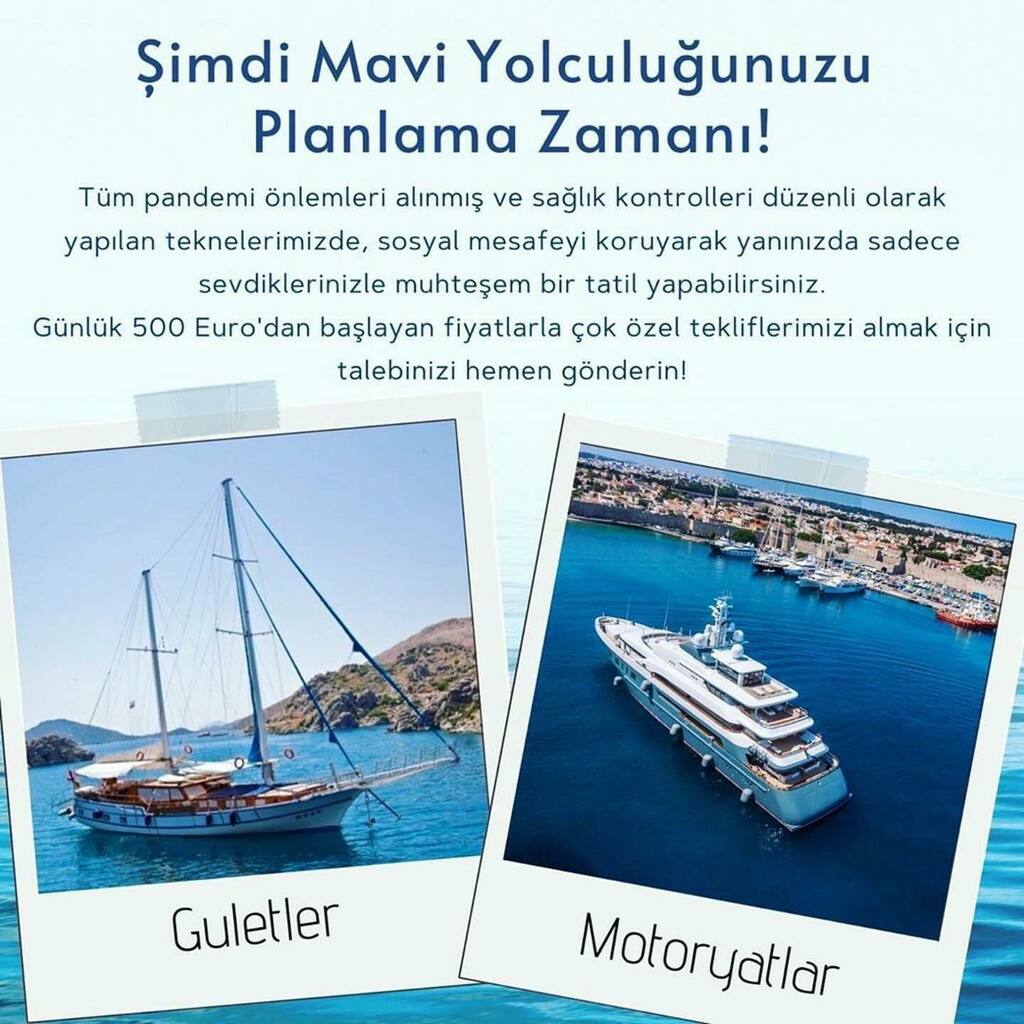 Sosyal mesafeyi koruyarak muhteşem bir tatil yapmak için şimdi mavi yolculuğunuzu planlama zamanı!

Tüm pandemi önlemleri alınmış, dezenfekte edilmiş ve sağlık kontrolleri düzenli olarak yapılan teknelerimizle sosyal mesafeyi koruyarak kalabalıklar… instagr.am/p/CMzejFirqMQ/