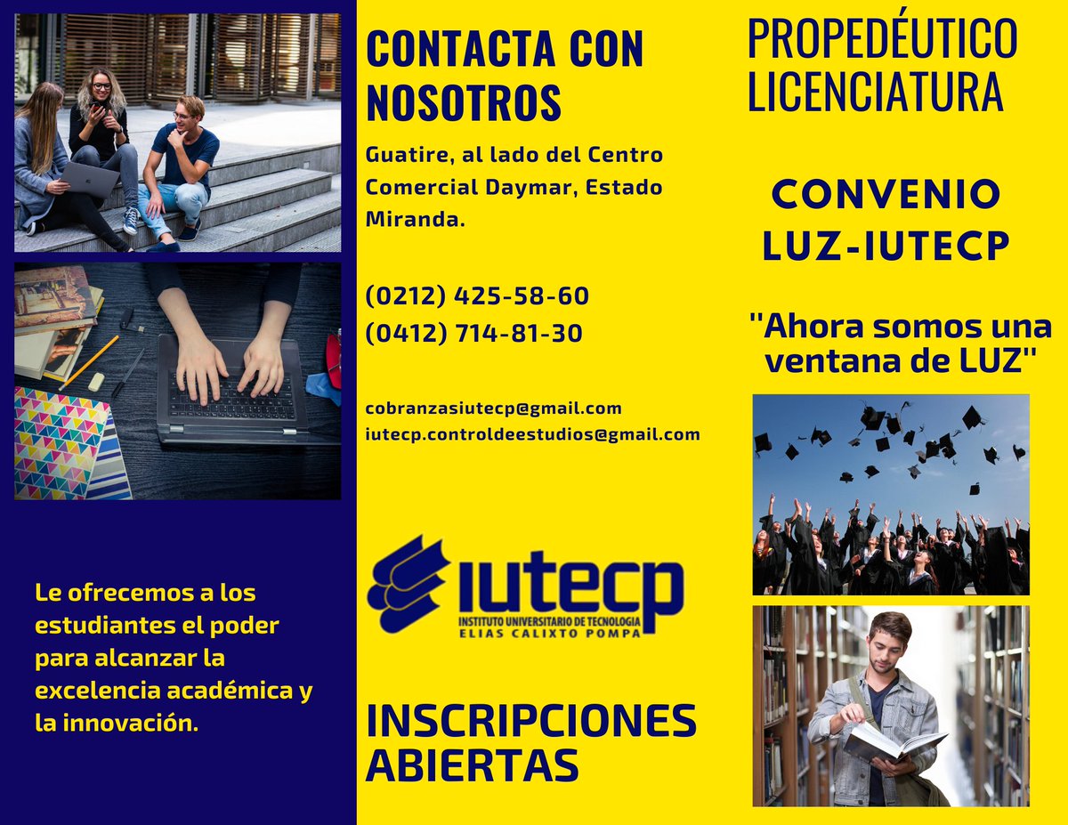 IUTECPVE's tweet photo. ¡Atención!

Tenemos inscripciones abiertas para el propedéutico de licenciatura para Administración y Contaduría.

Contáctanos a los números en la imágen y conoce los pasos a realizar ☝📲

Junto a nuestro convenio con @LUZadn "Ahora somos una ventana de LUZ".

#IUTECP https://t.co/8fFOEBQFZc