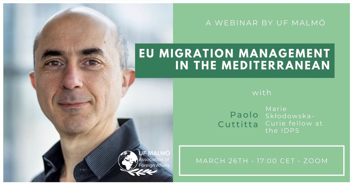 UFMalmo's tweet photo. Join UF this Friday in a webinar about Migration Management, EU-Externalisation and Non-Governmental Actors on the Central Mediterranean Route with Geographer and Sociologist Paolo Cuttitta! https://t.co/5zStu8L70R