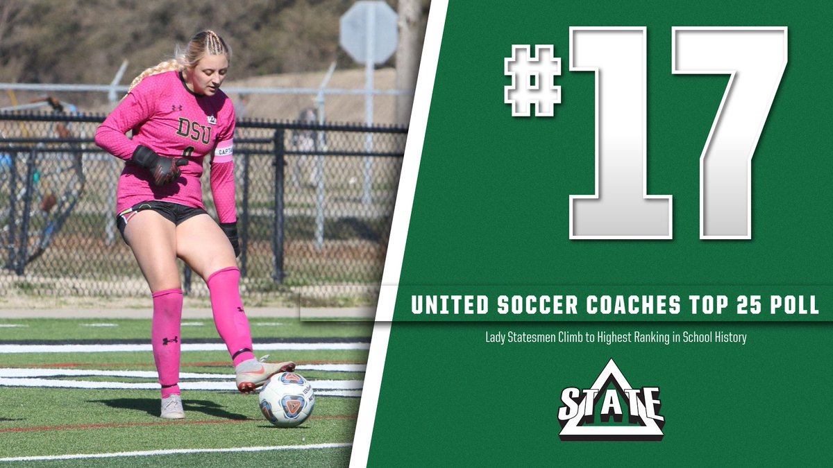 DeltaStateWSOC's tweet photo. Movin' 🆙 👀

We climb to No. 17 in the @UnitedCoaches Top 25 Poll, our highest ranking in school history! 

#WhereChampionsPlay⚽️ https://t.co/doPLdM9Z81