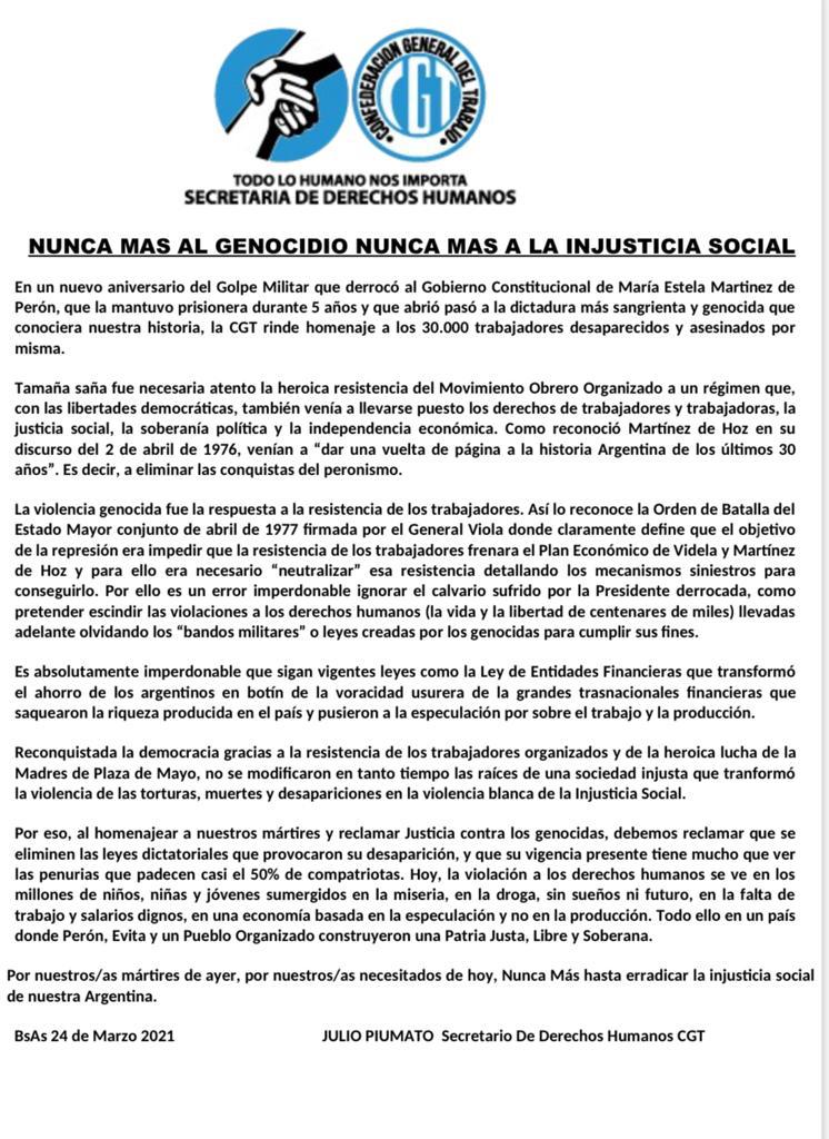#24DEMARZO <a href="/DDHH_CGT/">Julio Piumato</a>  "NUNCA MAS AL GENOCIDIO NUNCA MAS A LA INJUSTICIA SOCIAL"