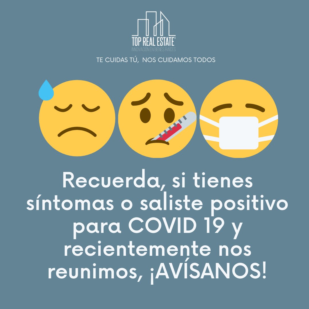 toprealestatemx's tweet photo. Si recientemente te reuniste con alguno de los asesores de #toprealestatemx y tu prueba #COVID salió positiva o comienzas a presentar síntomas ¡AVISANOS!
Recuerda que si te cuidas tú, nos cuidamos todos.
#topinforma #citastop #asesor #PrevenirEsVivir #PrevenirEsVencer #salud https://t.co/EUfAsedJXw
