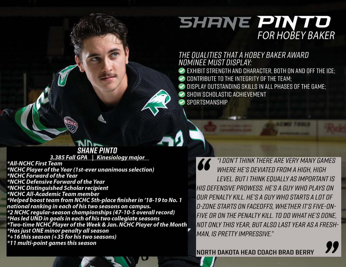 UNDmhockey's tweet photo. Vote today at https://t.co/L7xBTJSBEG for Shane Pinto, one of 10 finalists for the @HobeyBakerAward 

#WhyPinto #WhyNOT

https://t.co/5vCT1OU7xv https://t.co/YUlx9GRZAo