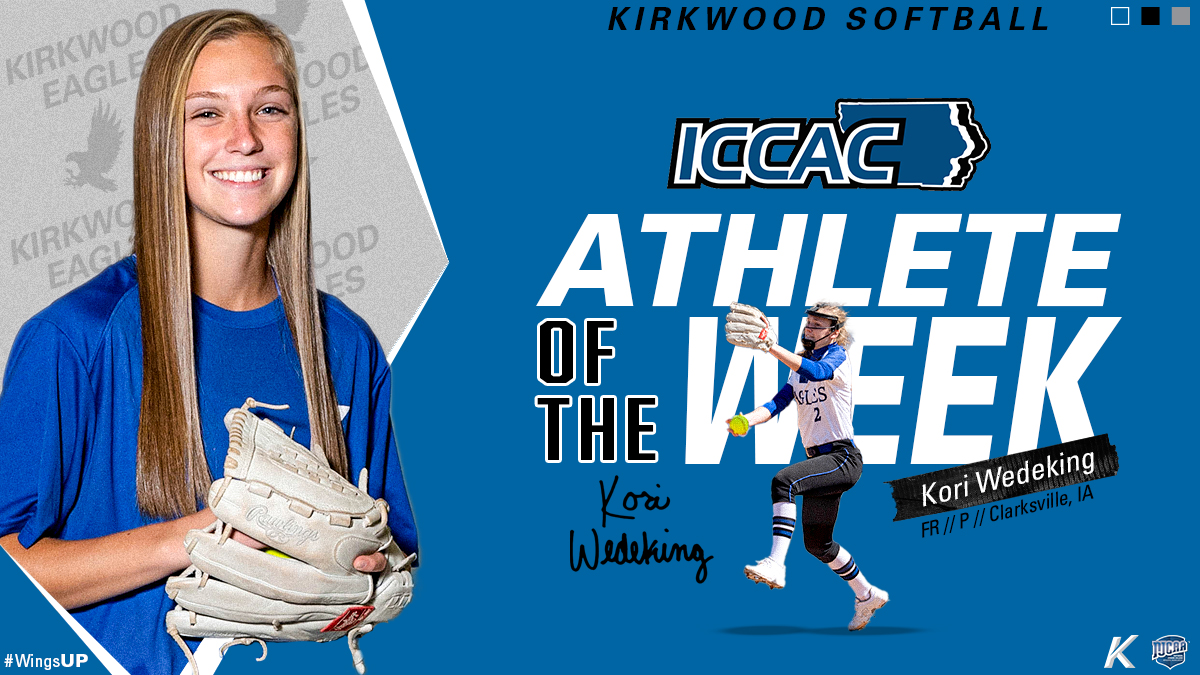 Congrats to <a href="/KCC_SB/">Kirkwood Softball</a> pitcher, <a href="/kori_wedeking/">Kori Wedeking</a>, on earning <a href="/ICCACSports/">ICCAC Sports</a> Athlete of the Week honors! Kori went 2-0 in her starts last week, pitching 12 innings and only allowing six hits, two walks, and no runs. 

#ICCAC #AOTW #WingsUp 🦅🥎