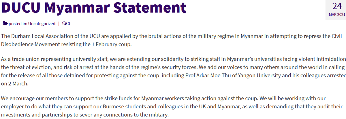 Durham UCU statement of #Myanmar/#MyanmarCoup.
We extend our solidarity to striking staff in Myanmar’s universities facing violent intimidation,eviction threats, and risk of arrest.

durhamucu.org.uk/ducu-myanmar-s…