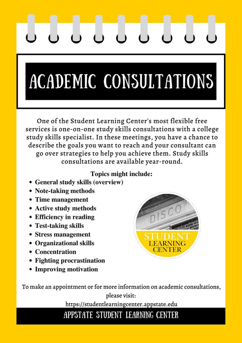 app_slc's tweet image. Interested in meeting one-on-one with a college skills specialist to set goals and discuss various study skills that will help you reach these goals? For more information, please visit studentlearningcenter.appstate.edu!