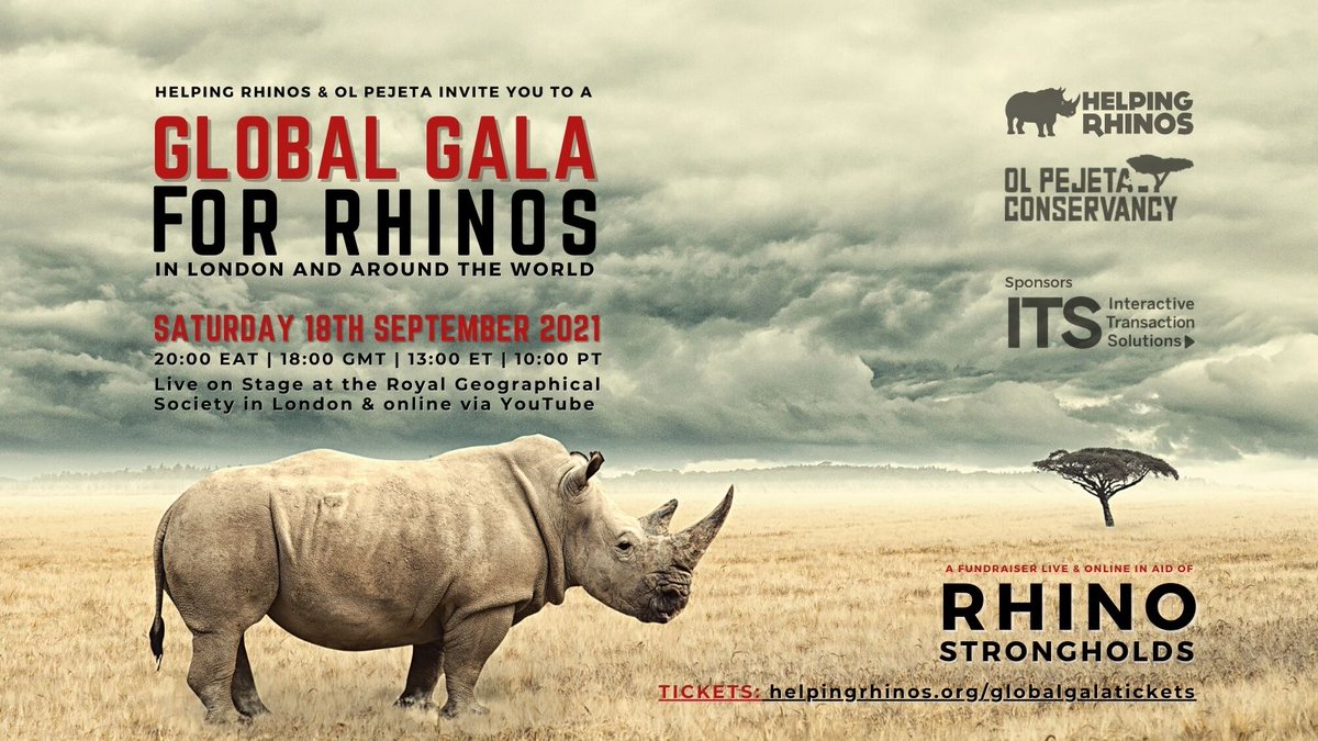 HelpingRhinos's tweet photo. GLOBAL GALA FOR RHINOS: Tickets for our event with @OlPejeta are now on sale! Set to be an evening of awesome entertainment &amp; inspiring conservation, you can join us at the RGS in London or live stream around the world! 
SATURDAY 18 SEPTEMBER
https://t.co/UTwGoO7h64 #GGfR https://t.co/oPY3O8Gh2b