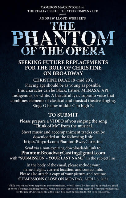 tararubincast's tweet photo. We are looking for future replacements for the role of Christine in the Broadway production of @PhantomBway @PhantomOpera. Click image below for more details on how to submit! https://t.co/Ipqfs9YVpC