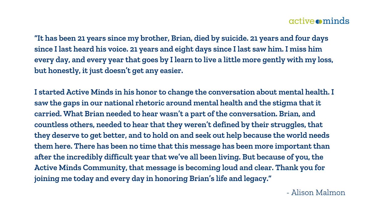 A message from our founder and executive director, <a href="/AlisonMalmon/">Alison Malmon</a>. ⬇️