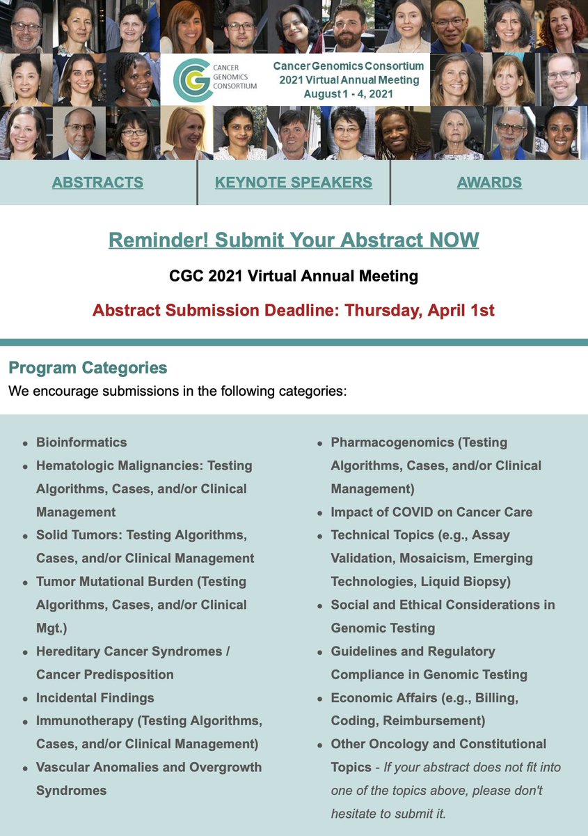Reminder! Submit Your Abstract NOW! CGC 2021 Virtual Annual Meeting. Abstract Submission Deadline: Thursday, April 1st. Awards are available for Trainees and Technologists. #CGCAnnual2021 mms.cancergenomics.org/members/propos…