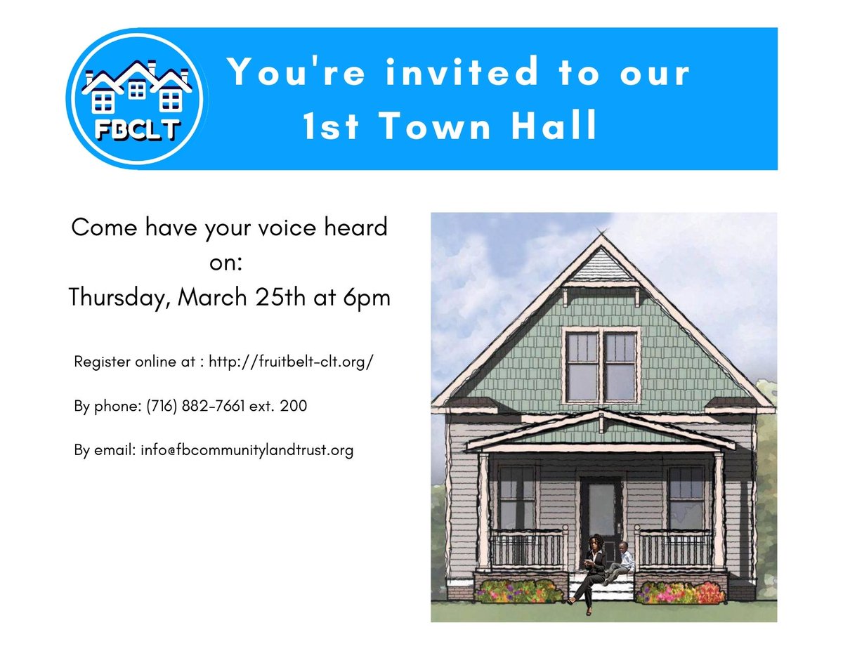 FruitBelt_CLT's tweet photo. Our first town hall is TOMORROW! It is open to anyone. We hope to see you there :) 

 Please register using the link below: 
https://t.co/2sLsArNslT

or by email: info@fbcommunitylandtrust.org

or by phone: (716) 882- 7661 ext. 200 https://t.co/5q3TpNMrcv