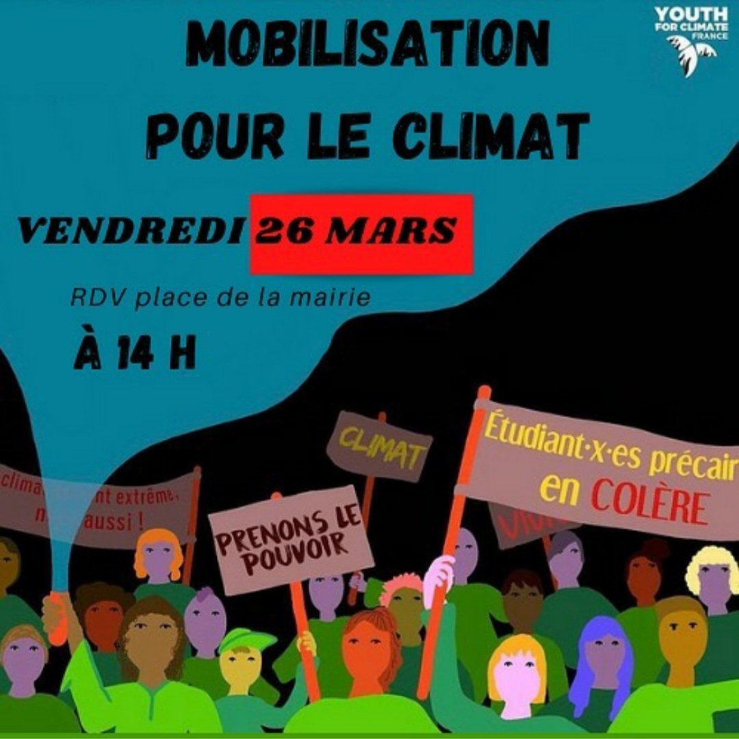 YFC_Auray's tweet photo. 🔴 J-2

On vous donne rendez-vous ce vendredi 26 mars à 14H00 sur la place de la République (mairie) à Auray, à l'occasion du report de notre marche pour le climat ! https://t.co/bKdFzX2lpg