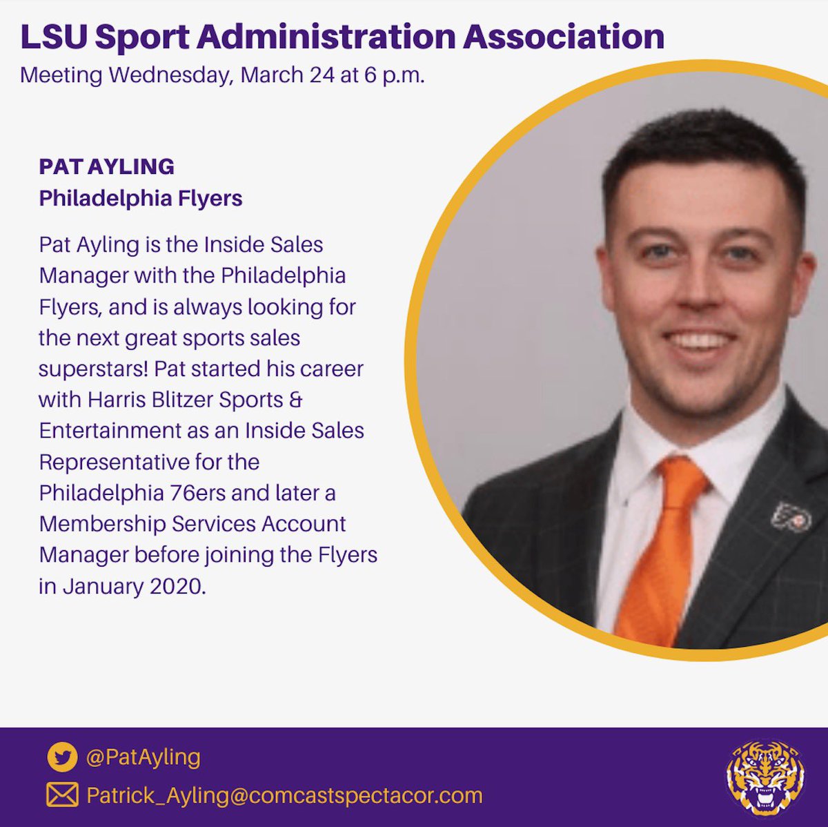 LSU_SAA's tweet photo. Join us tonight via Zoom for our second meeting of the semester! Pat Ayling from the Flyers will be our guest speaker!

Exec Board applications and T-shirts are also topics on tonight’s agenda! 

#geauxsportadmin #LSUSAA #geauxtigers #sportindustry https://t.co/GRrMEsr0Kd