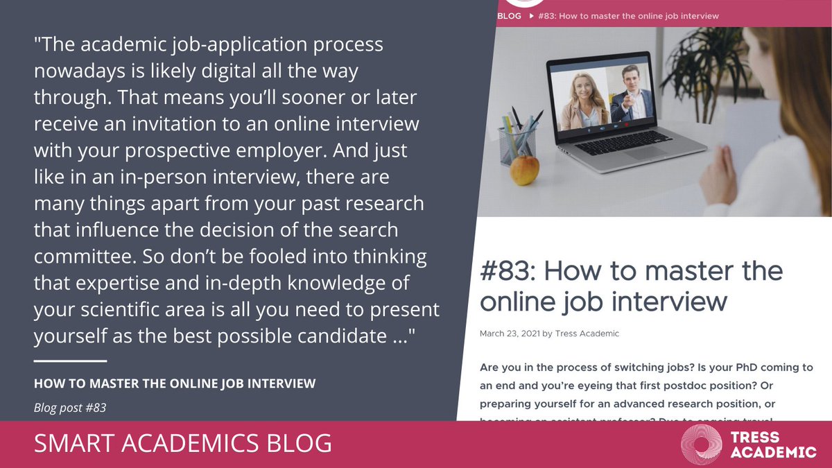 TressAcademic's tweet photo. #career: 

Are you invited for an #online #job #interview and wonder how to do it well? 

Read our blog: https://t.co/dTgw5FJAbl

#ECRs #ECRchat #phdlife @academicchatter #academictwitter @PhD_STEM @PhDForum @thepostdoctoral #academicjobsearch #AcademicHelp https://t.co/8UDcbdgEH8